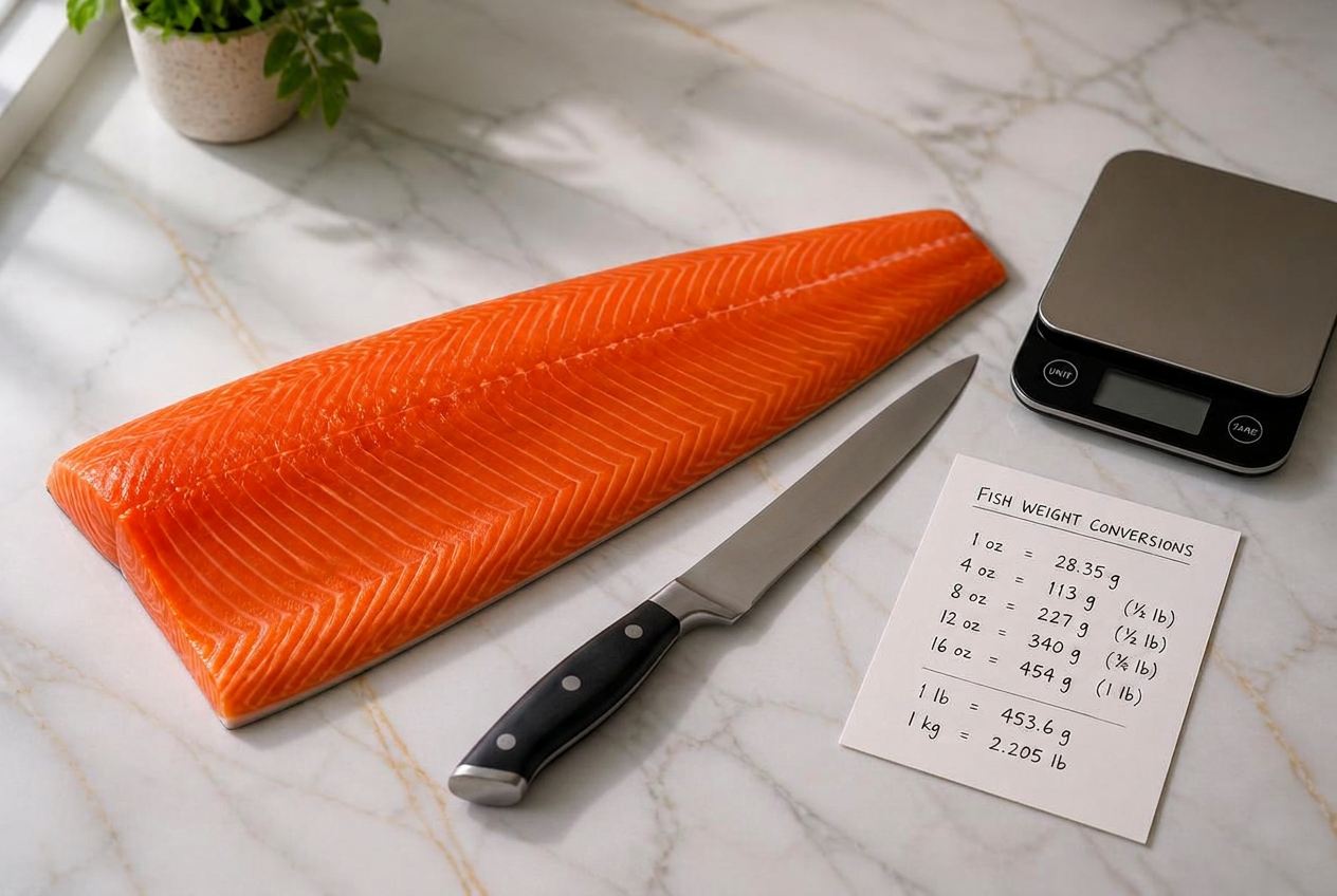 A whole side fillet of organic spring salmon on a white marble counter with a chef's knife, kitchen scale, and handwritten fish weight conversion card