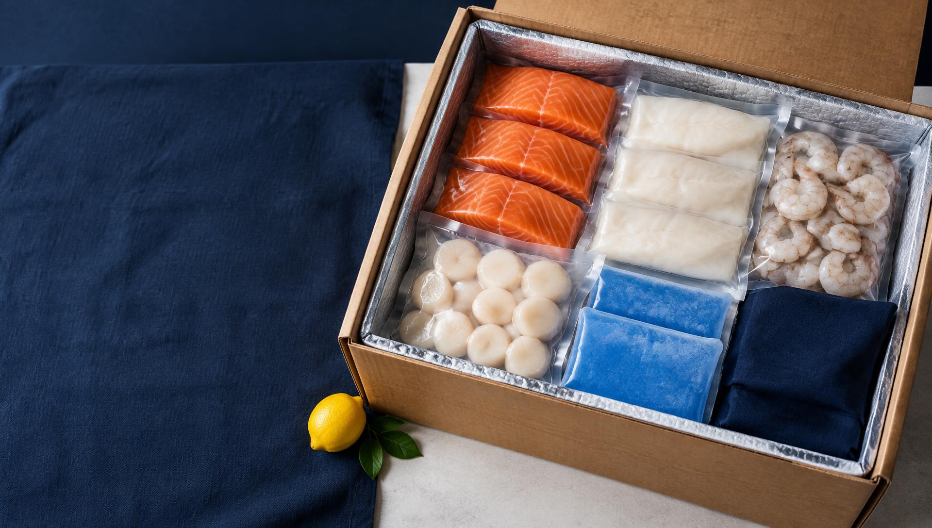 An insulated seafood box with sealed salmon, white fish, shrimp and scallops